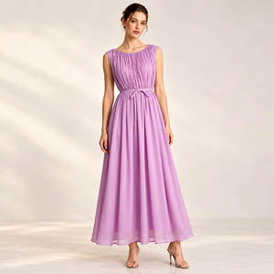 Abito lungo <span class=keywords><strong>da</strong></span> donna 2026 rosa lavanda senza maniche, scollo rotondo arricciato, con cintura in vita, linea fluida, effetto chiffon, per <span class=keywords><strong>invitata</strong></span> a <span class=keywords><strong>matrimonio</strong></span> - Product Image 1