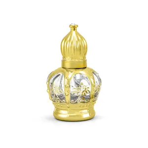 Mini 15ml UV Golden Crown Attar Shape Glass Bottle Luxury Roller Oil Perfume For Cosmetic Use Empty Gold Essential On Roll