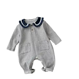 Envie um chapéu macacão listrado para bebês de 0 a 2 anos, roupas coreanas para crianças, roupas de primavera da moda do bebê com gola marinha