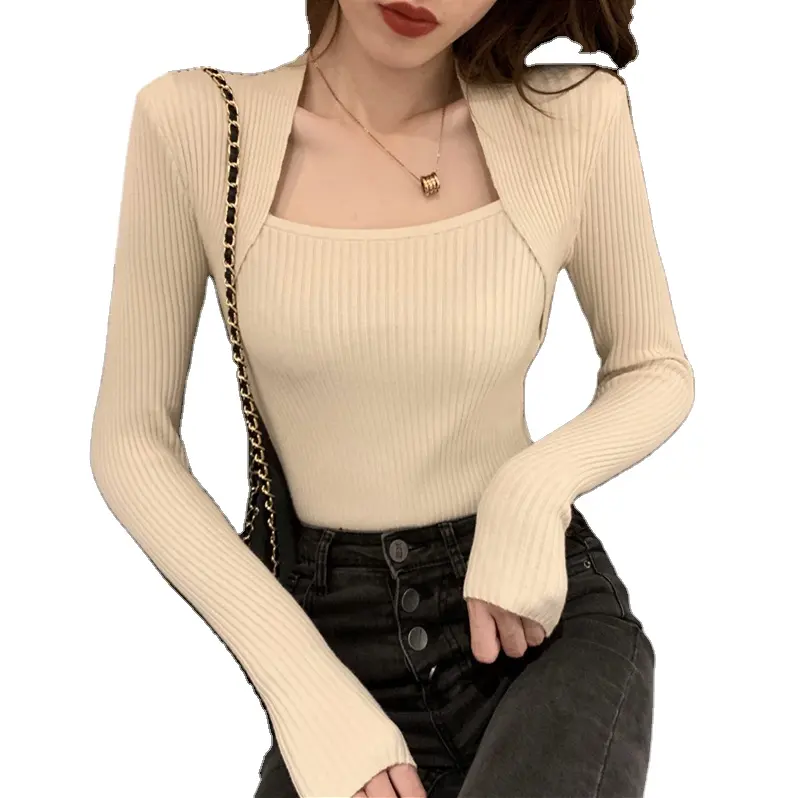 Wholesale Women's Fall Knitwear Classic Rib Knit Top Slim Fit Jumpers Skinny Pullover Basic Sweater Square Collar Long Sleeve