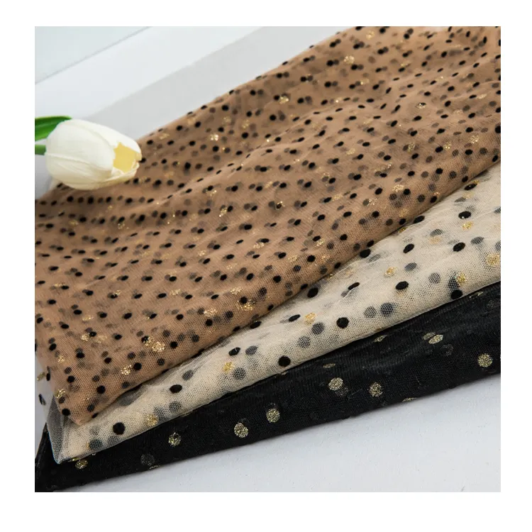 Ybl316 100% Polyester Populaire Hoge Kwaliteit Polka Black Dot Gevlokt Mesh Tule Stof