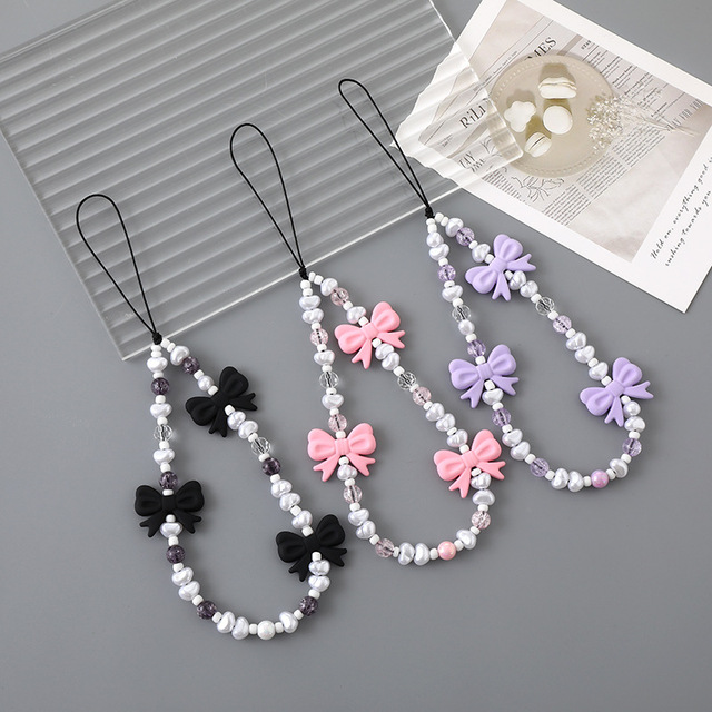 Korean Fashion Bowknot Phone Charm Lanyard Bow Heart Imitation Pearl Beaded Chain Cute Mobile Phone Wrist Strap Y2K Accessories