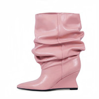 Nouvelle Arrivée 2025 – Bottes Noires à Talon Compensé et Bout Pointu pour Femme, Bottes Mi-Mollet Froncées Tendance, Chaussures Décontractées Habillées
