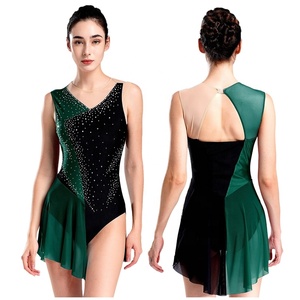 Womens <b>Figure</b> <b>Skating</b> Leotard Asymmetrical Chiffon Skirt Gloves Rhinestone Color Block High Neck Keyhole Lyrical Dance Custom - Product Image 4