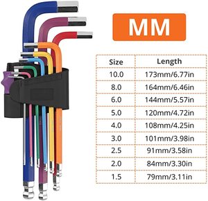 Kit de clés Allen à embout sphérique et <span class=keywords><strong>Torx</strong></span>, 9 pièces, en acier trempé, <span class=keywords><strong>2</strong></span>, 4, 6, 8, 10 <span class=keywords><strong>mm</strong></span>, avec code couleur, embout sphérique long en forme de L - Product Image 3