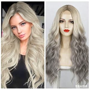 Perruques synthétiques frontales haut de gamme, 26 pouces, cheveux longs bouclés, Deep Wave, Body Wave, dentelle transparente, couleur or mélangé noir naturel - Product Image 3