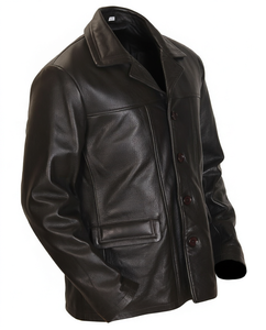 Chaqueta de Cuero Genuino para Hombre, Cuello Camisero, Cierre de Botón de Una Fila, Color Sólido, Casual, Resistente al Viento, Abrigo de Otoño - Product Image 1