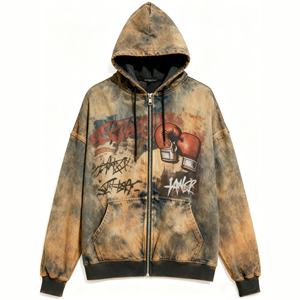 Erkek özel Retro Trendy Denim Hoodie sokak Hip-Hop ağır asit yıkama boks eldiveni Graffiti baskı sıkıntılı yıkanmış % 100% pamuk - Product Image 1