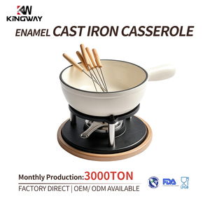 Ensemble de <span class=keywords><strong>fondue</strong></span> en fonte émaillée pour fromage et chocolat avec base en bois - Product Image 1
