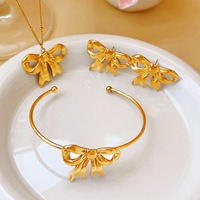Set Perhiasan Rantai Klip Kertas Emas 18K dengan Kancing Bunga, Kalung Lariat, Gelang, Anting Hoop, Set Perhiasan Baja Anti Karat