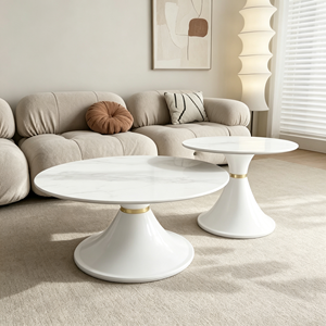 Ensemble de tables basses gigognes rondes modernes à base noire, plateau en marbre, style luxe léger, pour salon et hôtel - Product Image 6