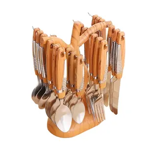 Y37 hạt gỗ 410 thép không gỉ dao kéo dao muỗng nĩa Bộ đồ ăn Bộ đồ ăn bán buôn 24 cái Flatware Bộ