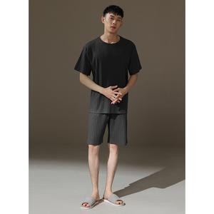 <span class=keywords><strong>Pijama</strong></span> de algodón de verano gris oscuro para <span class=keywords><strong>hombre</strong></span>, cuello redondo, manga corta, ropa de casa suelta a rayas, <span class=keywords><strong>tela</strong></span> de punto - Product Image 4
