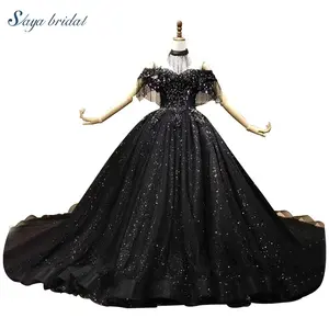 100% polyester black lace fabric embroidery beads sequins off shoulder backless floor length ball dinner gown