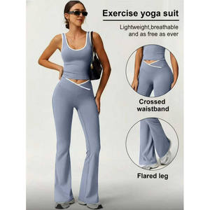 Conjunto de Yoga Bi Cross Flare Sólido Negro con Leggings de Cintura Alta y Ribete Blanco, Elástico en Cuatro Direcciones, Sin Costuras, Deportivo, para Mujer - Product Image 5