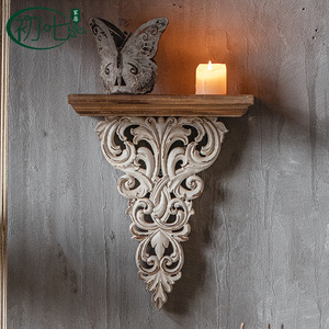 American Retro <b>Wall</b> Shelf Distressed Iron Carved Wood Decor Living Room Entryway Hanging Display - Product Image 1