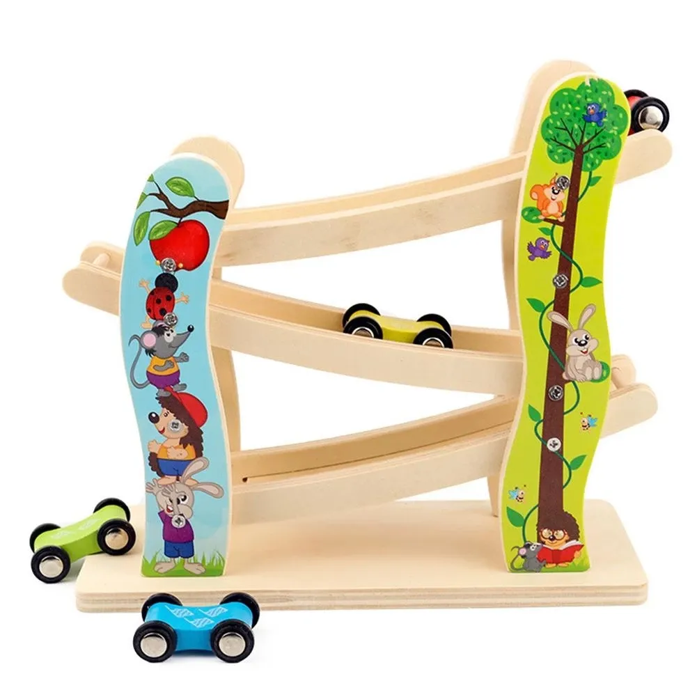 Cartoon Children Wooden Ladder Gliding Car Racing Track Educational Slide Toy For Kids Children Baby Birthday Gifts