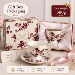 Set Vintage di Tazza e Piattino in Porcellana Rossa con Motivi <span class=keywords><strong>Floreali</strong></span> e Bordo Dorato, Tazza <span class=keywords><strong>da</strong></span> Caffè su Piedistallo per Tè del Pomeriggio e Arredamento Casa - Product Image 5