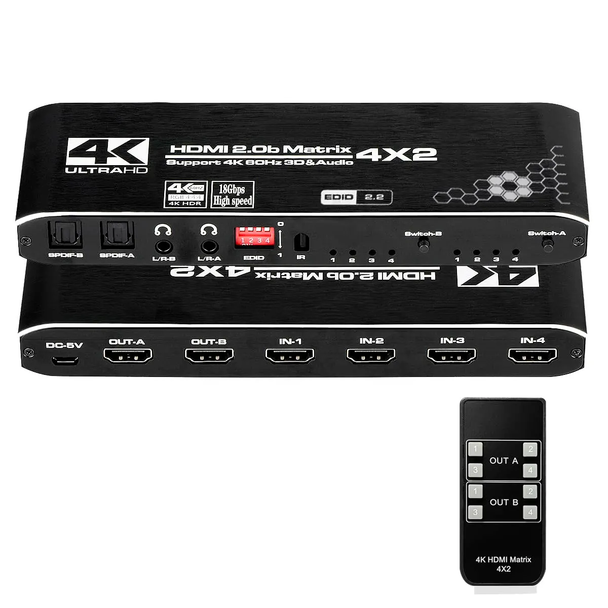 SYONG-Répartiteur HDMI 4K, 4x2 4 en 2 sorties HDMI2.0b + sortie audio optique et L/R, détartreur EDID avec télécommande
