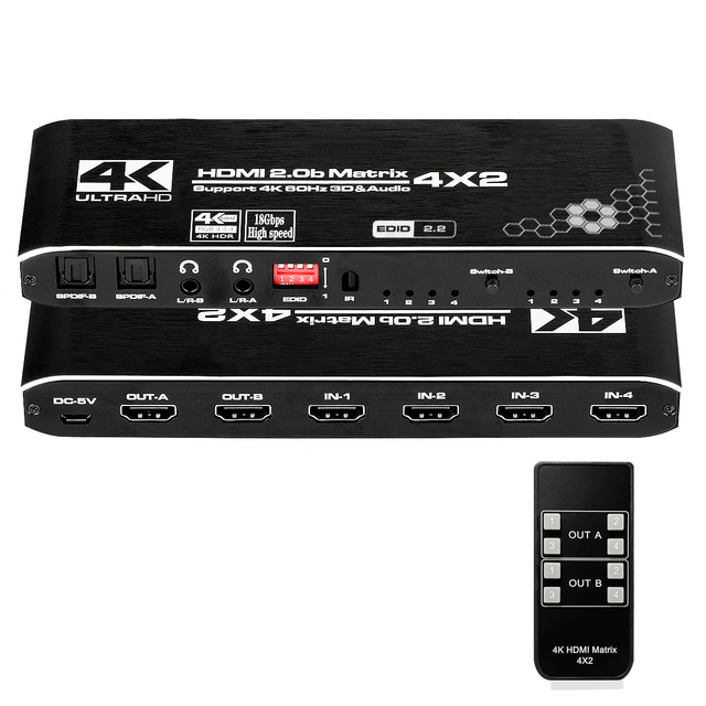 SYONG 4K HDMI Matrix 4x2 4 in 2 Out HDMI2.0b Switcher Splitter + Optical and L/R Audio Output, Scaler EDID with Remote
