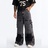 Jean cargo zippé convertible pour homme, coupe ample, denim délavé noir, style streetwear techwear, pantalon large, vente en gros, rétro