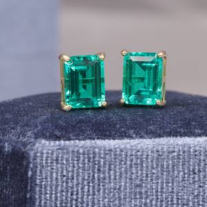 Kustom Lab tumbuh anting zamrud 925 perak berlapis emas, bahan ulang tahun potongan persegi panjang anting janji zamrud untuk wanita - Product Image 2