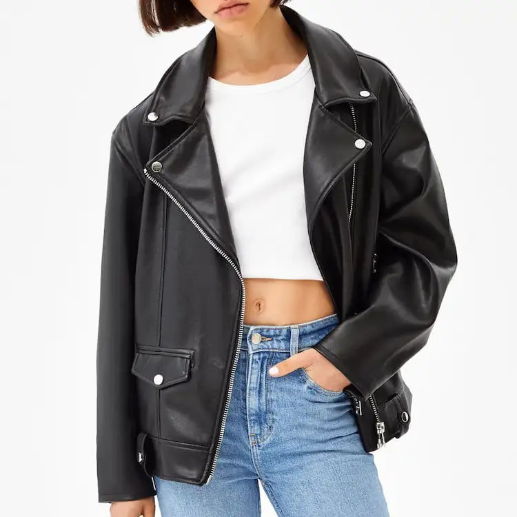 2022 Winter Custom High Quality Hot Sale Cool Outdoor Slim Fit PU Biker Black Motorcycle Leather Jacket Coats Women Ladies