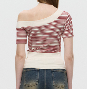 Blusa Casual de Verano para Mujer, Personalizada, con Rayas <span class=keywords><strong>Rojas</strong></span> y Blancas, Hombros Descubiertos, Manga Corta, Bloques de Color, Tejido Asimétrico, Corte Ajustado - Product Image 3