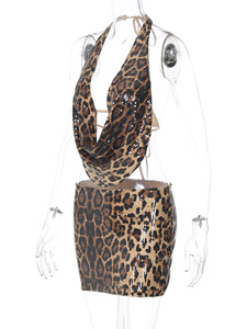 Conjunto de Dos Piezas GX17636, Ropa de Verano Sexy y a la Moda, Top Corto Halter con Lentejuelas y Estampado de <span class=keywords><strong>Leopardo</strong></span> y Falda Maxi - Product Image 3
