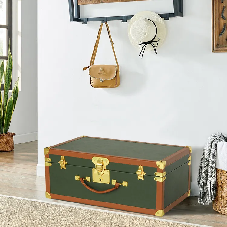 Envoltura de cuero verde, maletero de almacenamiento grande, decoración de cuero naranja con accesorios de cerradura de metal dorado