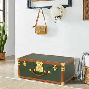 Grand coffre de rangement en cuir vert Garniture en cuir orange avec accessoires de verrouillage en métal doré