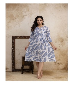 Premium Cotton Cambric Lace <b>Women</b> Midi <b>Dress</b> Neck V Slit Printed Line Summer Soft Breathable Casual Daily Wear Collection - Product Image 3