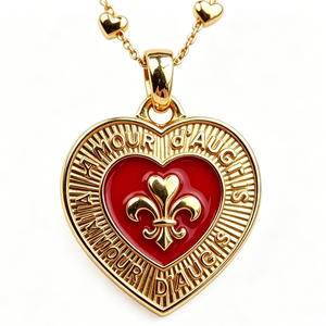 Heart-Shaped Gold-Plated Hard Enamel Medal With Red Center And Fleur-De-Lis Design For Valentine'S Day Love Theme - Product Image 1
