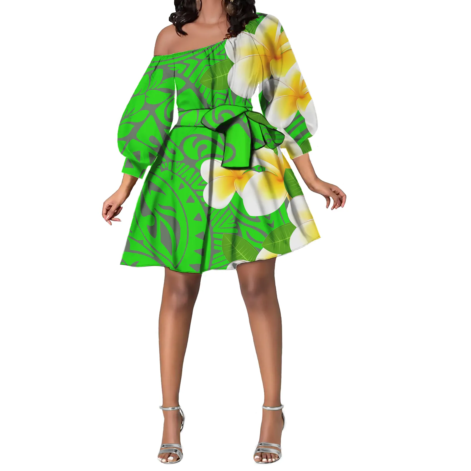 Vestido de fiesta verde de manga larga con estampado Tropical para mujer, Mini vestido de fiesta con cinturón