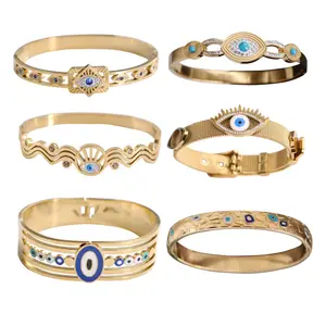 ODM Turkish Eye Colorful Rhinestone Lucky Women Jewelry Stainless steel Gold Nontarnish Bracelets Evils Turkis Eye Hollow Bangle