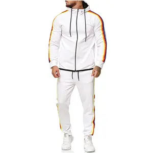 Fashionable White Men'S Sweatsuit Tracksuit Slim Fit Custom 2020 Male Soccer Sportswear Warm Up Knitted Stripe Tracksuit Set