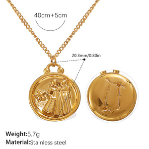 Signes <span class=keywords><strong>du</strong></span> Zodiaque Rétro Collier Rond en Acier Inoxydable Or 18K Emboss 12 Horoscope Pendentif Collier pour Femmes Hommes Bijoux - Product Image 5