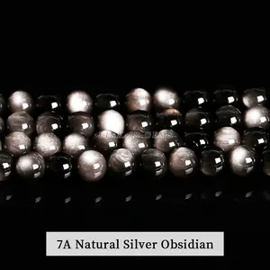 JD GEMS 4/6/8/10/12/14mm Semi Precious Gemstone 5A 7A Natural Stone Smooth Silver Obsidian Round Loose Spacer Beads For Jewelry