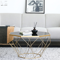 Table basse moderne pour salon, forme octogonale, plateau en marbre diamant, cadre en métal doré, filaire