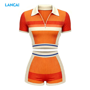 2026 Women's 2 Piece Outfit Striped Ribbed Polo Crop Top High Waist Biker Shorts Set Retro Sportswear Casual Matching Tracksuit - Product Image 1