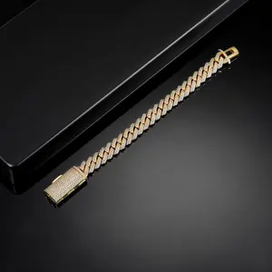 10MM Iced Out Hip Hop Jewelry Cuban Chain Bracelet 925 Sterling Silver Yellow Gold Color Moissanite Diamond Cuban Chain Bracelet