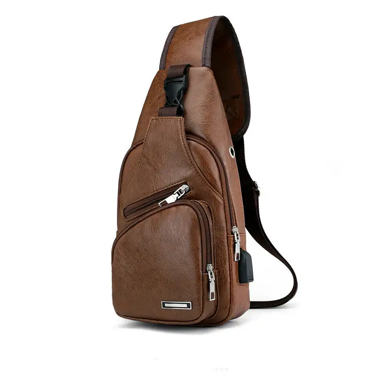 newest simple promotional usb charger PU brown leather crossbody shoulder men's messenger chest bag