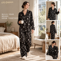 Ensemble deux pièces pour femmes, imprimé chat noir, vêtements de détente, aspect satiné, vêtements de nuit, col cranté, fabrication sur mesure, vente en gros