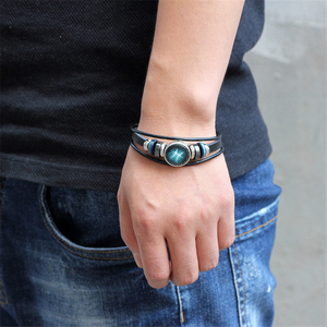 Bracelet d'<span class=keywords><strong>horoscope</strong></span> large noir de mode Vintage, signe <span class=keywords><strong>du</strong></span> zodiaque <span class=keywords><strong>pour</strong></span> hommes, Bracelets multicouches en cuir - Product Image 2