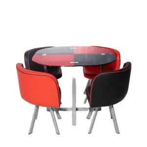 블랙 레드 강화 유리 현대 식탁 럭셔리 확장 라운드 dinning 테이블 세트 4 의자 식당