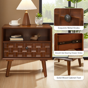 Comodino in Legno Stile Mid-Century Moderno, 22 Pollici, con Cassetto Geometrico Intagliato e Gambe in Legno Massello - Product Image 6