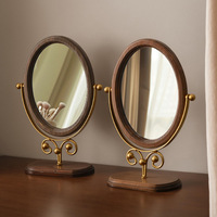 Vintage Single-Sided Solid Wood Silver Finish Oval Vanity Mirror Rotatable Foldable Desktop Standing for Home Dormitory Bedroom