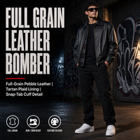Blouson Bomber en Cuir Pleine Fleur Grainé Personnalisé 420 g/m² avec Doublure Tartan, Manches à Boutons Pression et Ourlet Élastique – Vêtement d'extérieur Streetwear OEM ODM