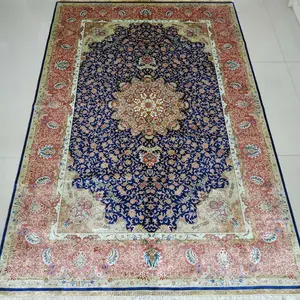 Beau bleu rouge fait à la main en soie de cachemire traditionnel classique Oriental tapis persan