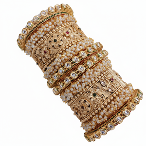 Openable <b>Bangles</b> <b>Set</b> 10573835-Gold Plated Pota Stone and Pearls Elegant Pearl Bracelets & <b>Bangles</b> - Product Image 2